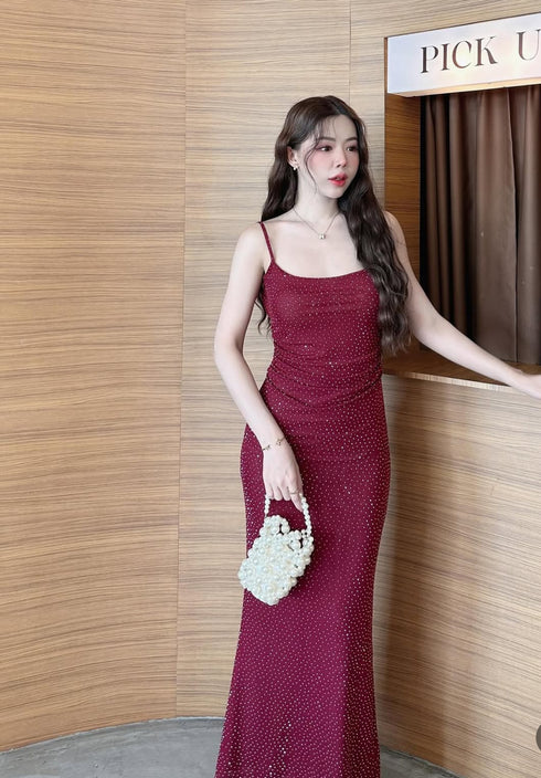 Sparkly Deep Back Lace Long Body-con Maxi Dress